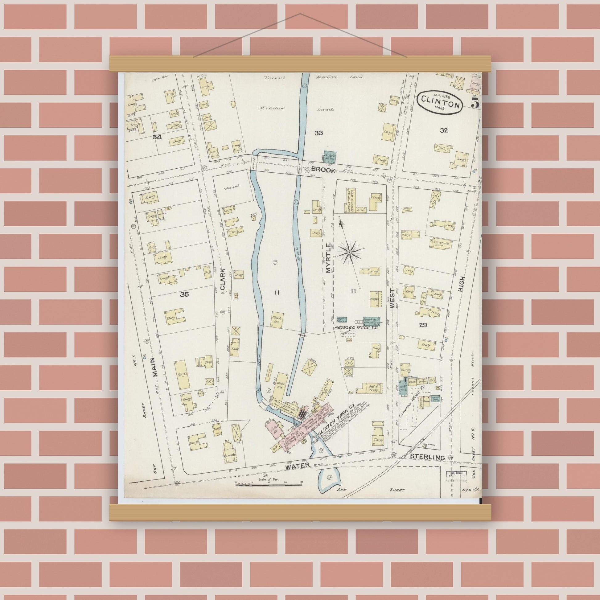 Old map wall art mockup — magnetic wood frame on brick wall — Sanborn Fire Insurance Map from Clinton, Worcester County, Massachusetts (1888), Sheet #0005