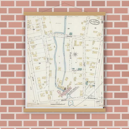 Old map wall art mockup — magnetic wood frame on brick wall — Sanborn Fire Insurance Map from Clinton, Worcester County, Massachusetts (1888), Sheet #0005