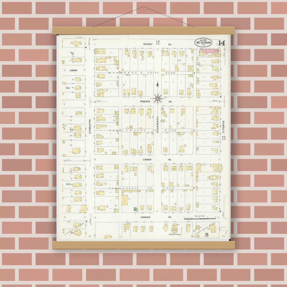 Old map wall art mockup — magnetic wood frame on brick wall — Sanborn Fire Insurance Map from Mount Vernon, Jefferson County, Illinois (1908), Sheet #0014