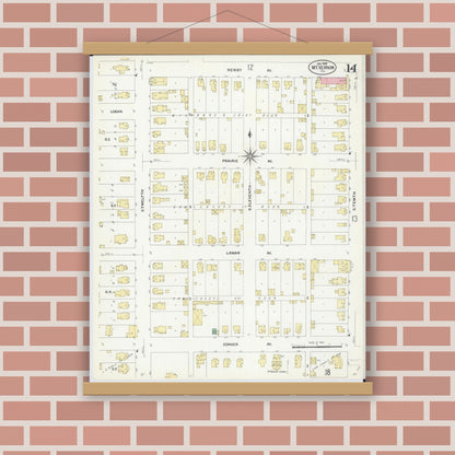 Old map wall art mockup — magnetic wood frame on brick wall — Sanborn Fire Insurance Map from Mount Vernon, Jefferson County, Illinois (1908), Sheet #0014