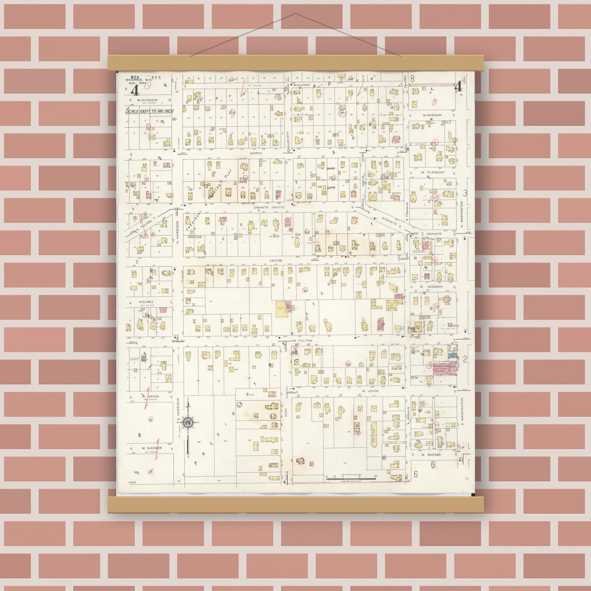 Old map wall art mockup — magnetic wood frame on brick wall — Sanborn Fire Insurance Map from Waupaca, Waupaca County, Wisconsin (1941), Sheet #0004