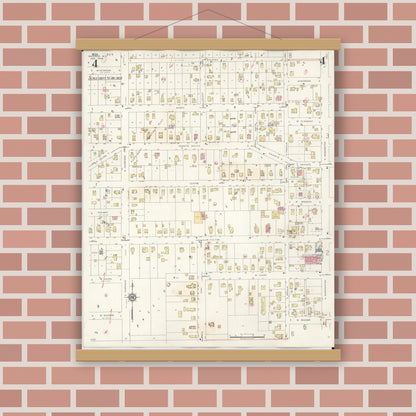 Old map wall art mockup — magnetic wood frame on brick wall — Sanborn Fire Insurance Map from Waupaca, Waupaca County, Wisconsin (1941), Sheet #0004