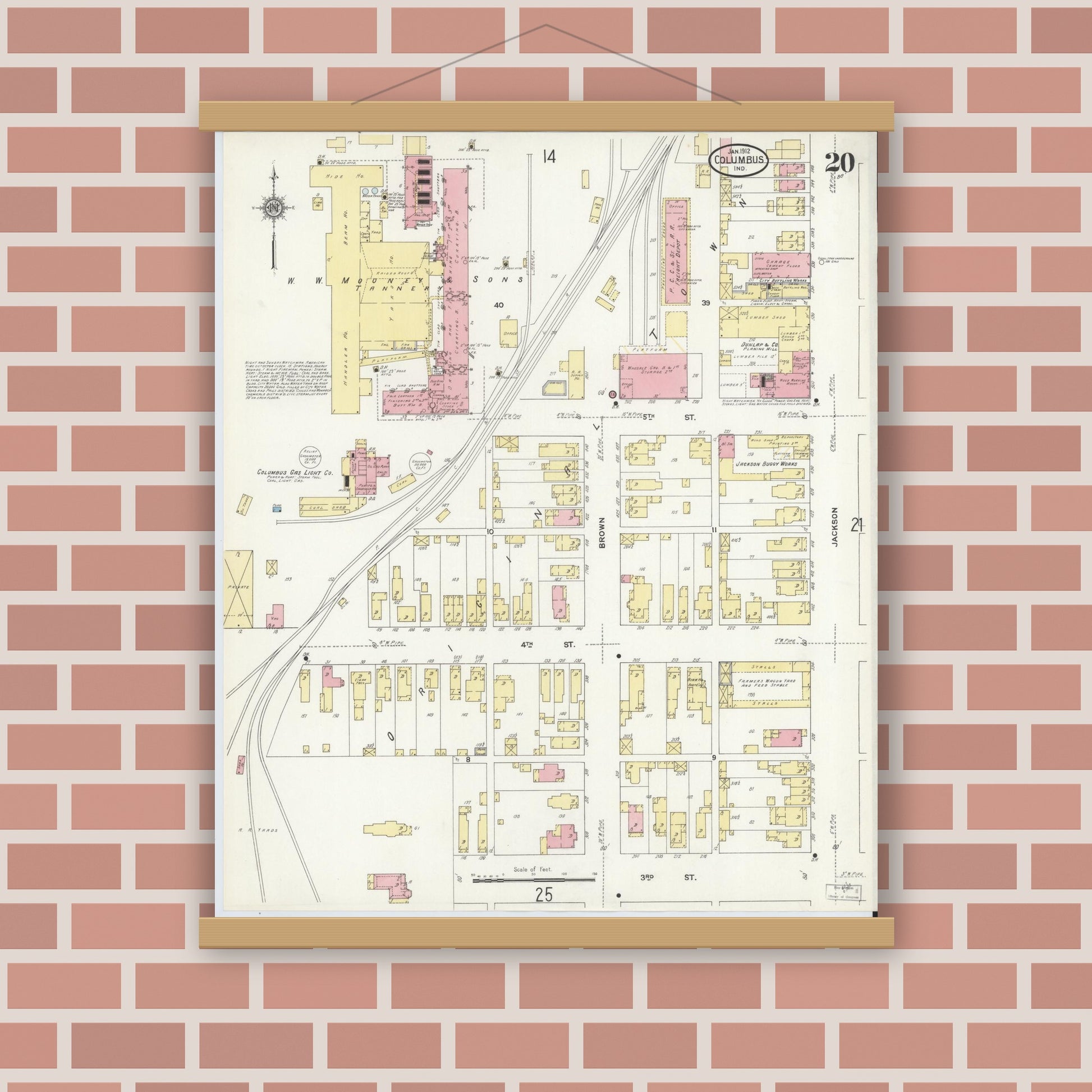 Old map wall art mockup — magnetic wood frame on brick wall — Sanborn Fire Insurance Map from Columbus, Bartholomew County, Indiana (1912), Sheet #0020
