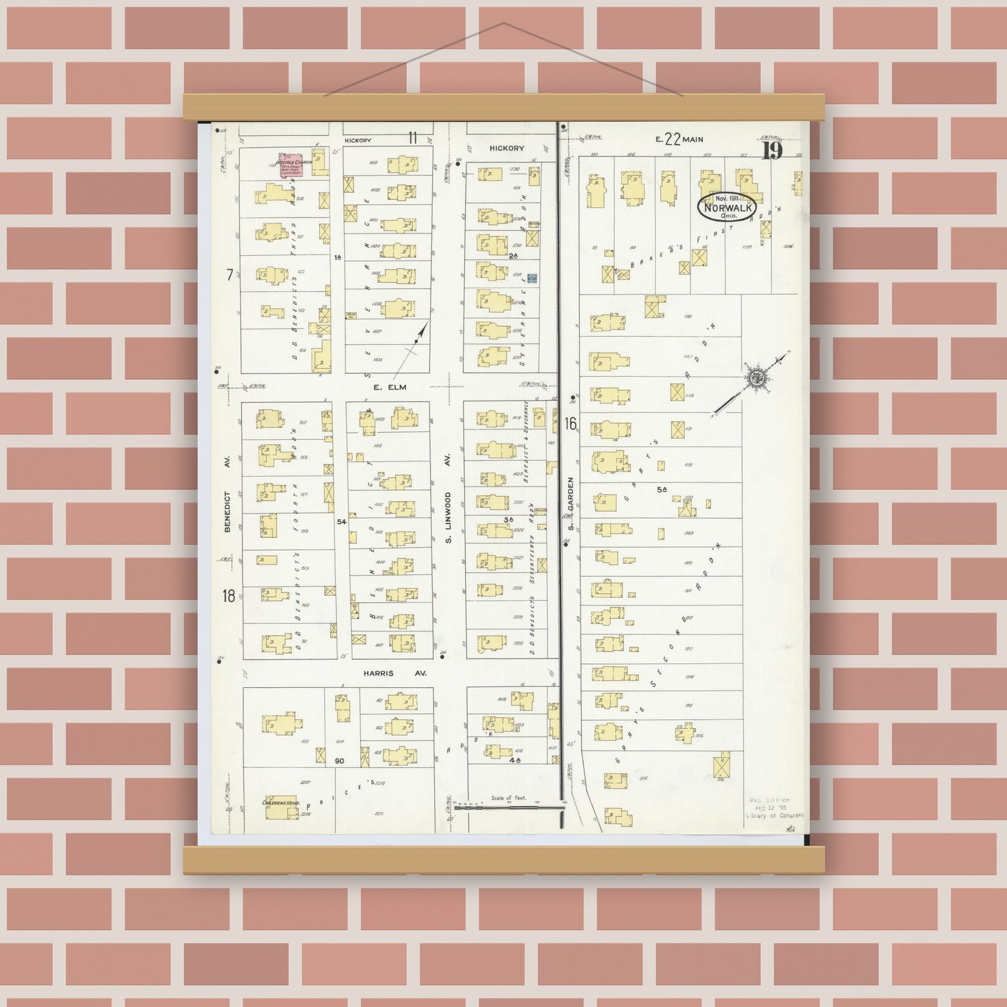 Old map wall art mockup — magnetic wood frame on brick wall — Sanborn Fire Insurance Map from Norwalk, Huron County, Ohio (1911), Sheet #0019
