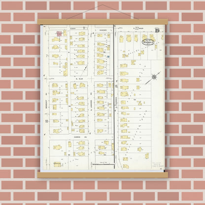 Old map wall art mockup — magnetic wood frame on brick wall — Sanborn Fire Insurance Map from Norwalk, Huron County, Ohio (1911), Sheet #0019