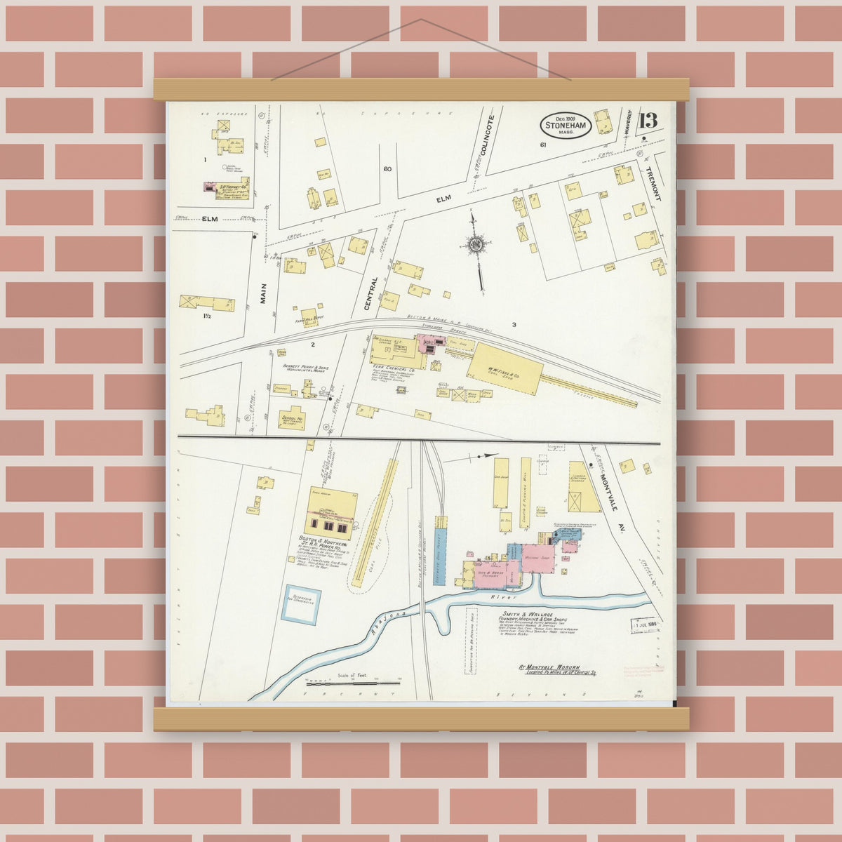 Old map wall art mockup — magnetic wood frame on brick wall — Sanborn Fire Insurance Map from Stoneham, Middlesex County, Massachusetts (1909), Sheet #0013