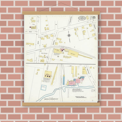 Old map wall art mockup — magnetic wood frame on brick wall — Sanborn Fire Insurance Map from Stoneham, Middlesex County, Massachusetts (1909), Sheet #0013