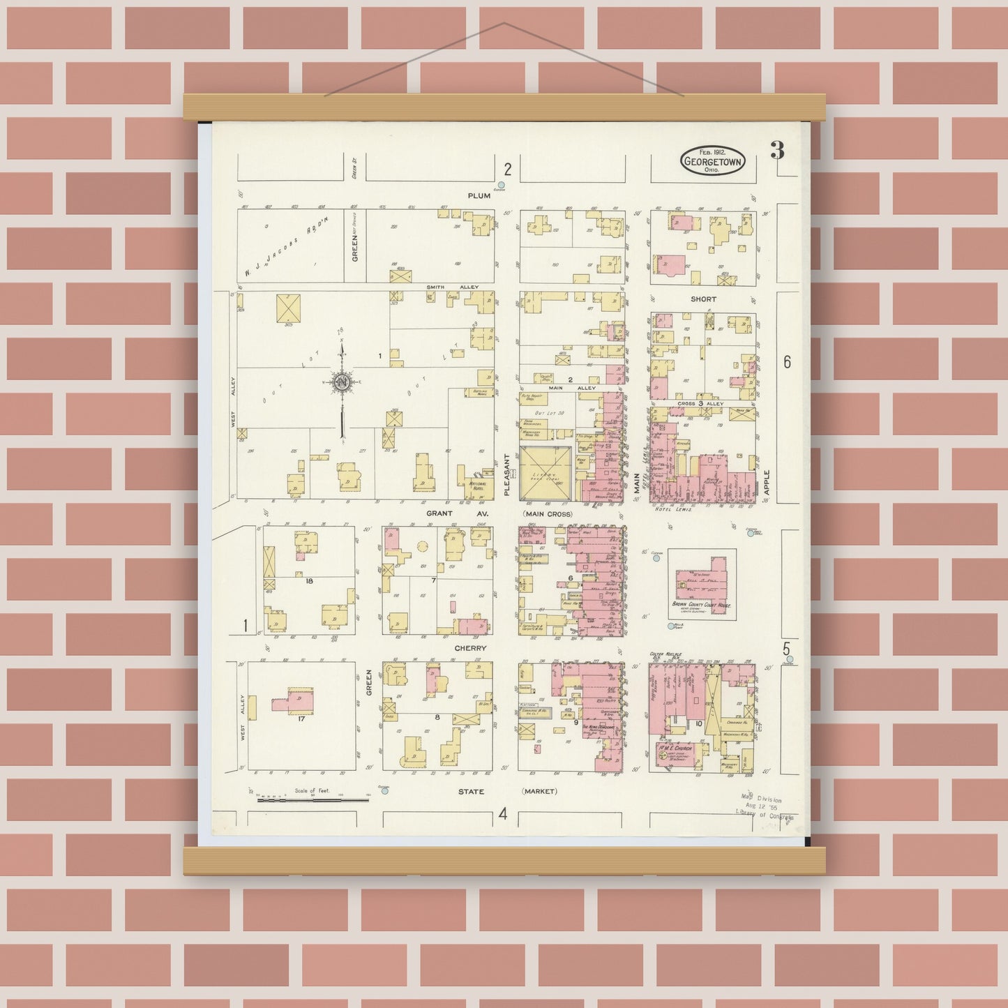 Old map wall art mockup — magnetic wood frame on brick wall — Sanborn Fire Insurance Map from Georgetown, Brown County, Ohio (1912), Sheet #0003