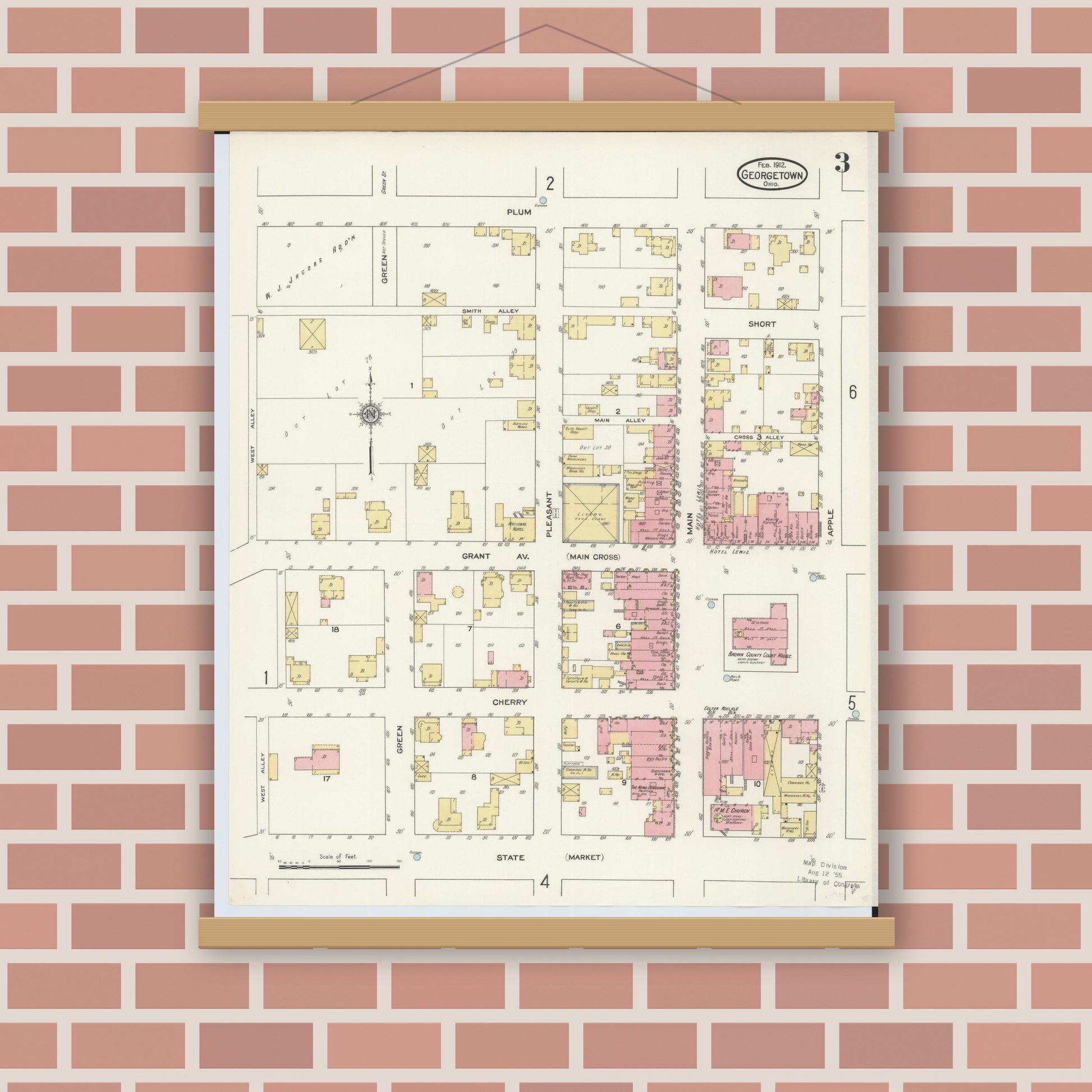 Old map wall art mockup — magnetic wood frame on brick wall — Sanborn Fire Insurance Map from Georgetown, Brown County, Ohio (1912), Sheet #0003