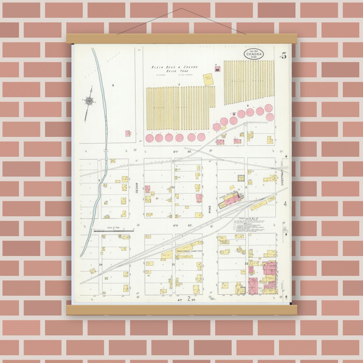 Old map wall art mockup — magnetic wood frame on brick wall — Sanborn Fire Insurance Map from Chaska, Carver County, Minnesota (1910), Sheet #0005