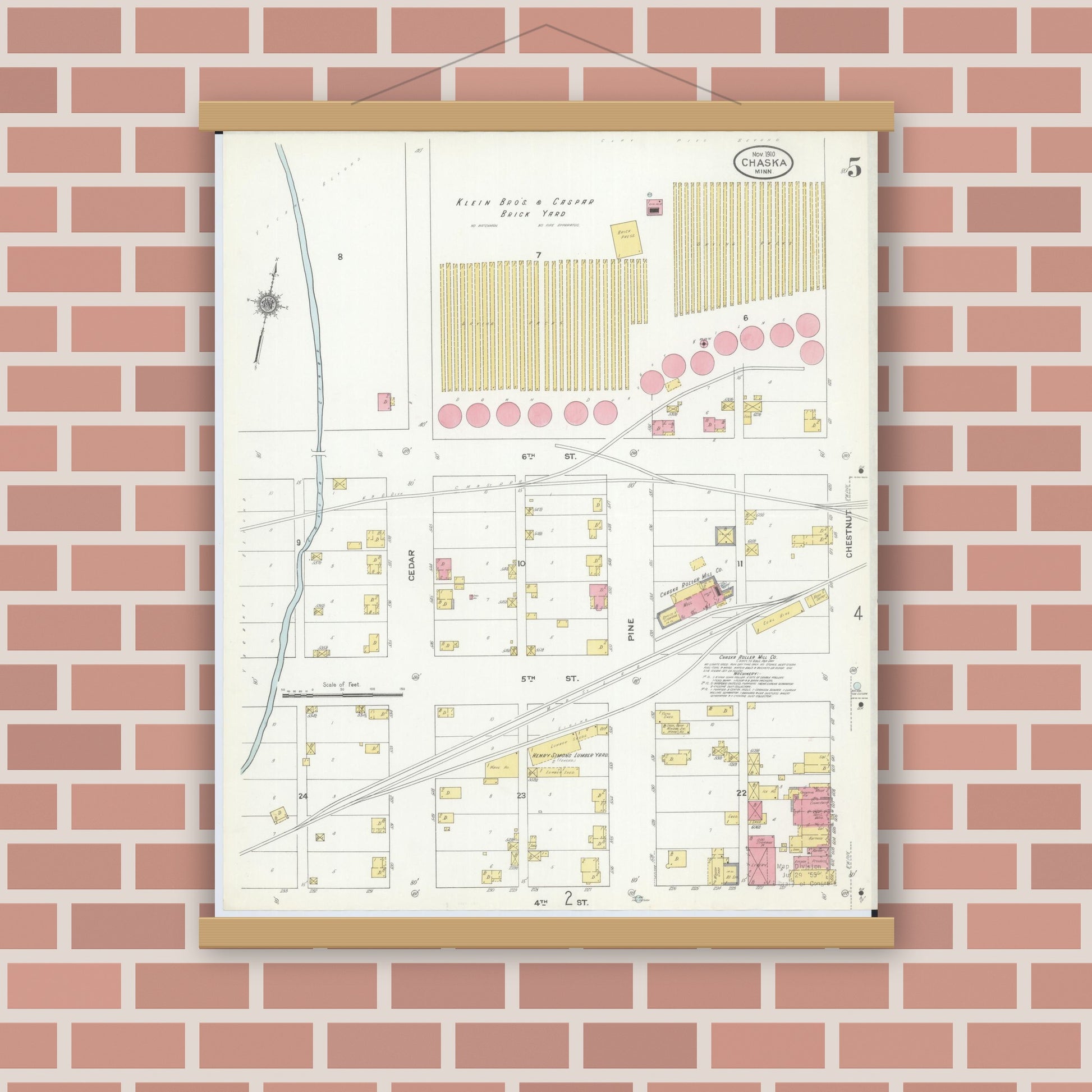 Old map wall art mockup — magnetic wood frame on brick wall — Sanborn Fire Insurance Map from Chaska, Carver County, Minnesota (1910), Sheet #0005