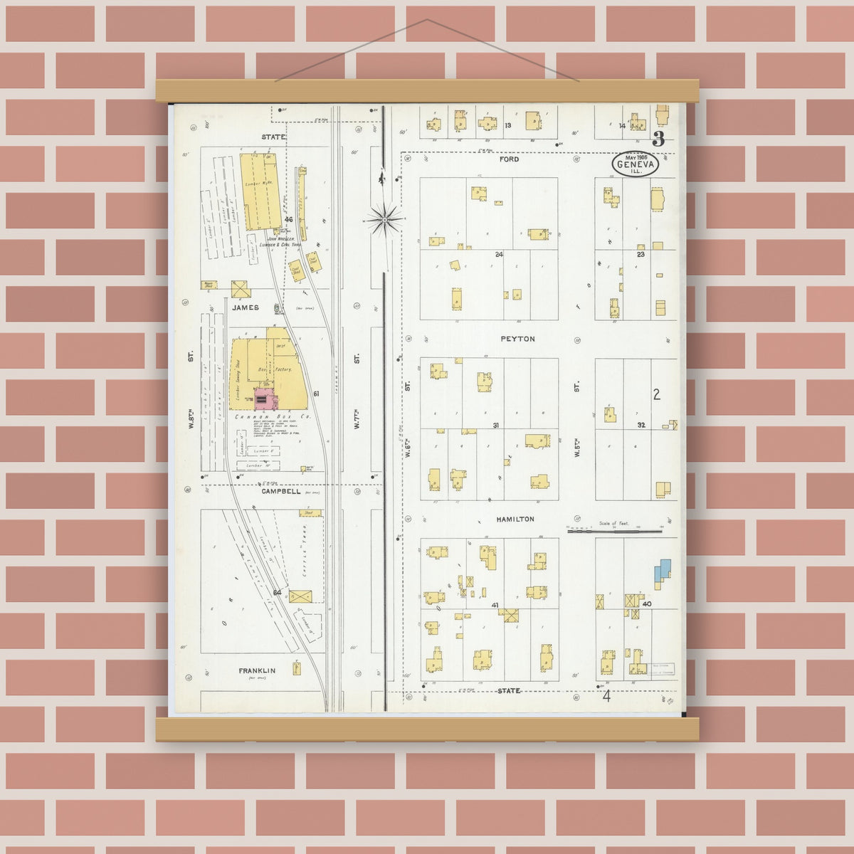 Old map wall art mockup — magnetic wood frame on brick wall — Sanborn Fire Insurance Map from Geneva, Kane County, Illinois (1905), Sheet #0003
