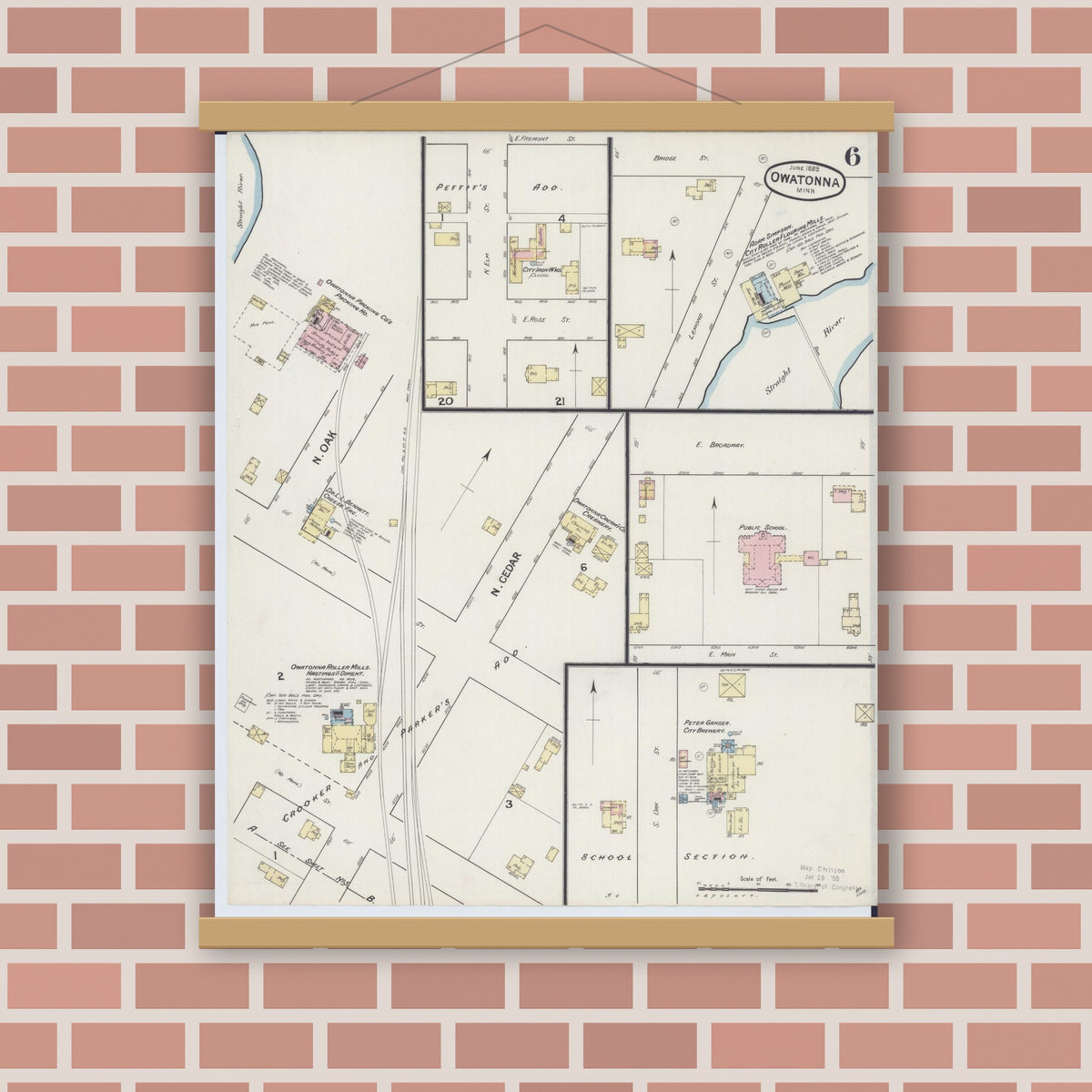 Old map wall art mockup — magnetic wood frame on brick wall — Sanborn Fire Insurance Map from Owatonna, Steele County, Minnesota (1889), Sheet #0006