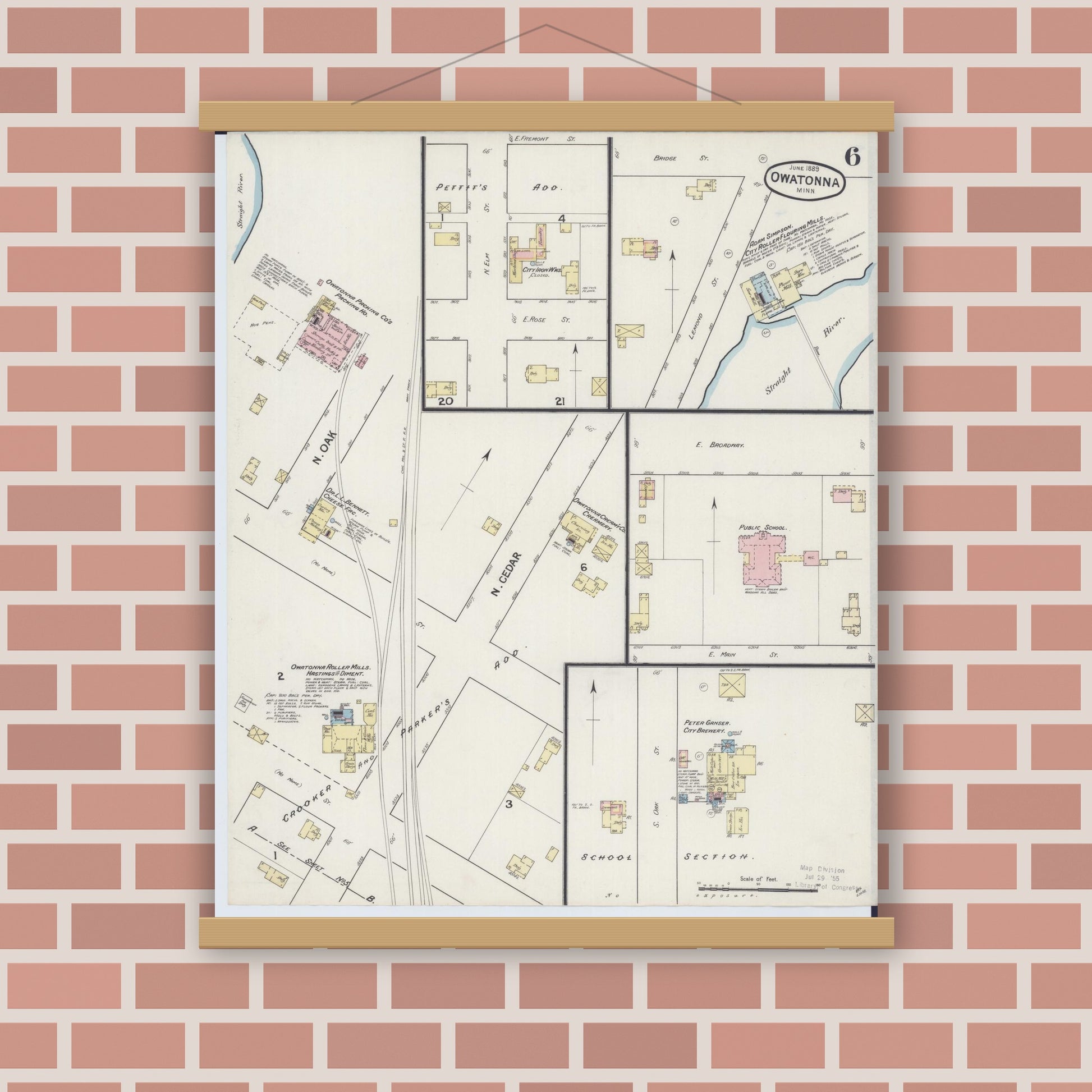 Old map wall art mockup — magnetic wood frame on brick wall — Sanborn Fire Insurance Map from Owatonna, Steele County, Minnesota (1889), Sheet #0006