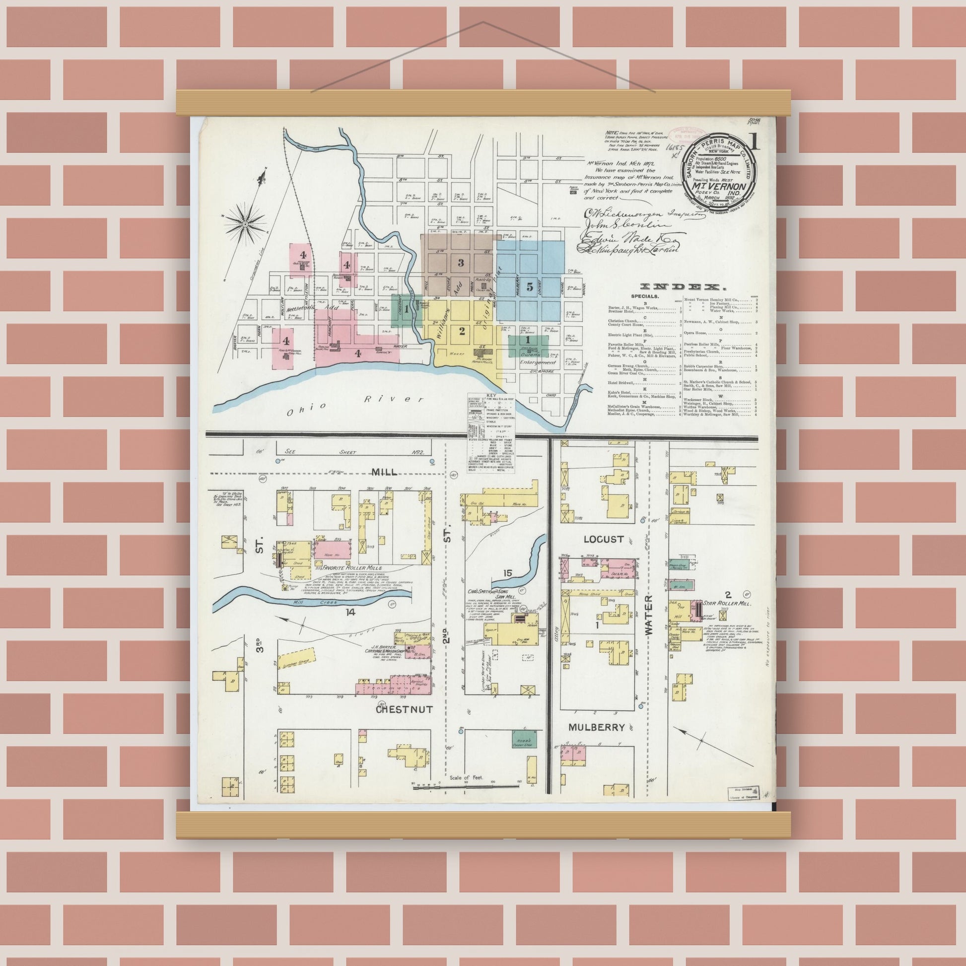 Old map wall art mockup — magnetic wood frame on brick wall — Sanborn Fire Insurance Map from Mount Vernon, Posey County, Indiana (1892) - Complete Map Set