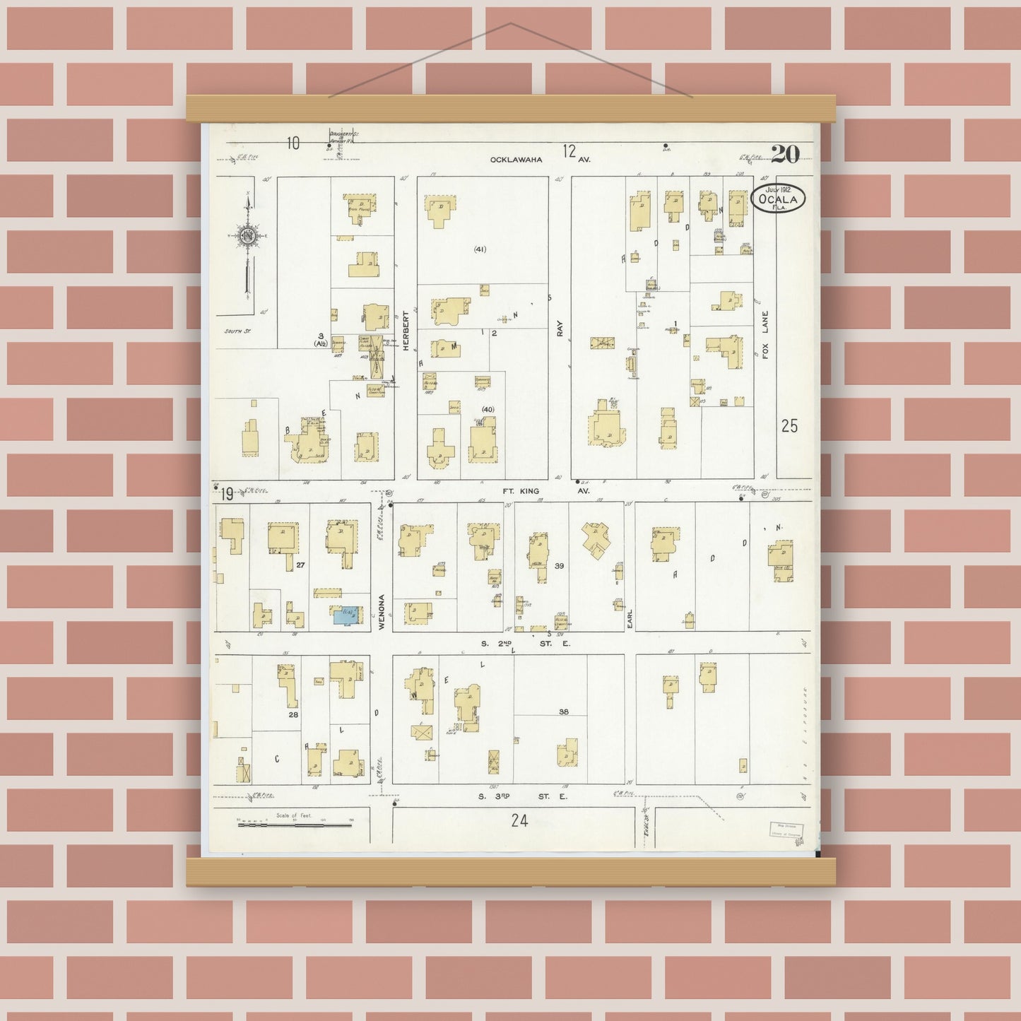 Old map wall art mockup — magnetic wood frame on brick wall — Sanborn Fire Insurance Map from Ocala, Marion County, Florida (1912), Sheet #0020