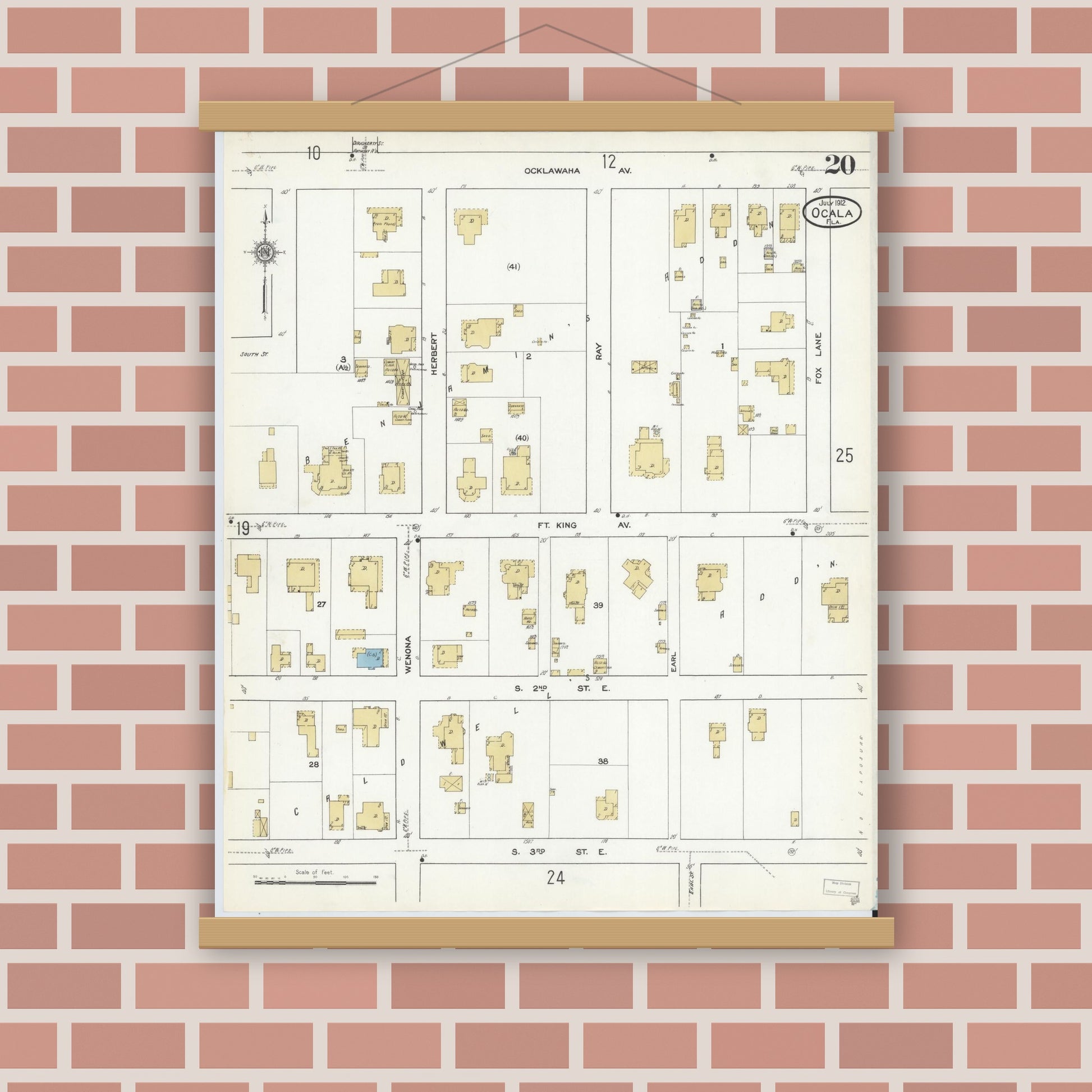Old map wall art mockup — magnetic wood frame on brick wall — Sanborn Fire Insurance Map from Ocala, Marion County, Florida (1912), Sheet #0020