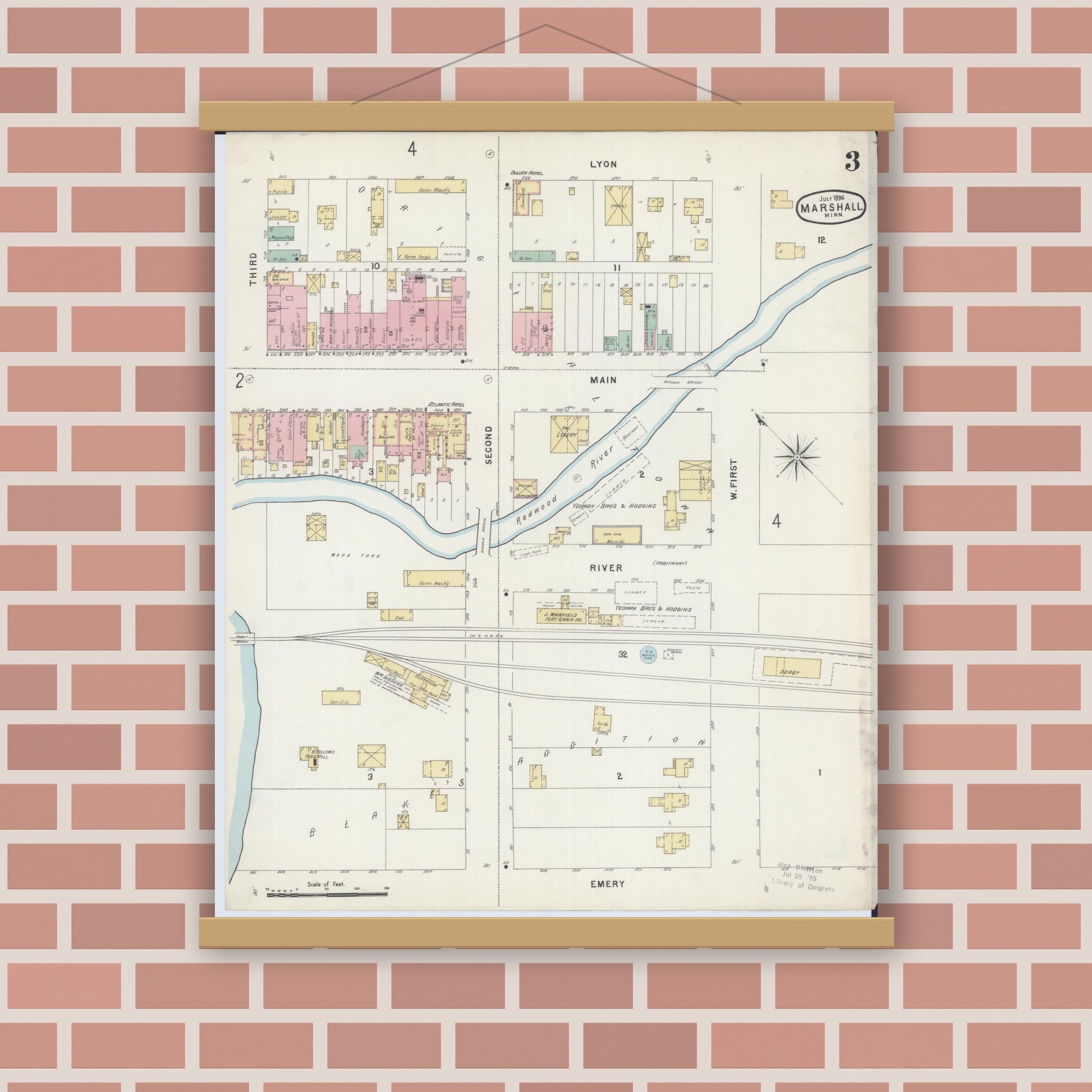 Old map wall art mockup — magnetic wood frame on brick wall — Sanborn Fire Insurance Map from Marshall, Lyon County, Minnesota (1896), Sheet #0003