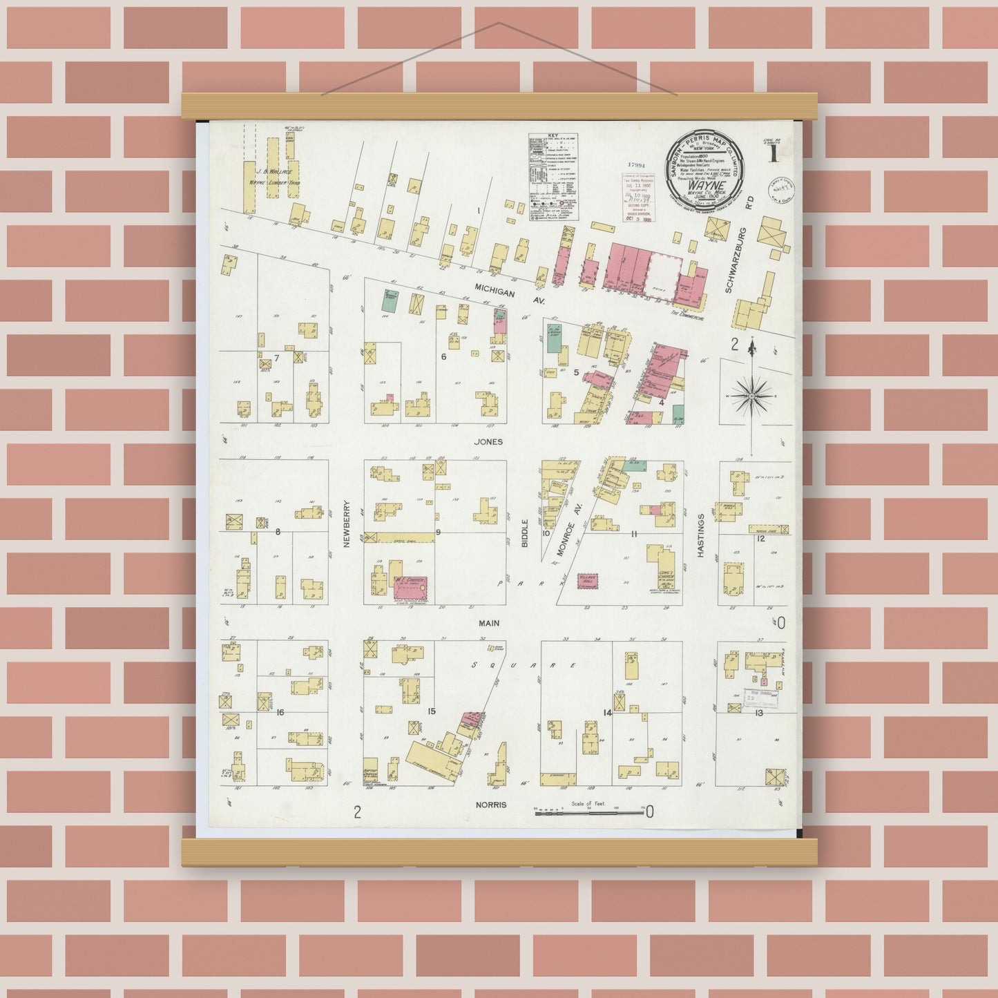 Old map wall art mockup — magnetic wood frame on brick wall — Sanborn Fire Insurance Map from Wayne, Wayne County, Michigan (1900), Sheet #0001