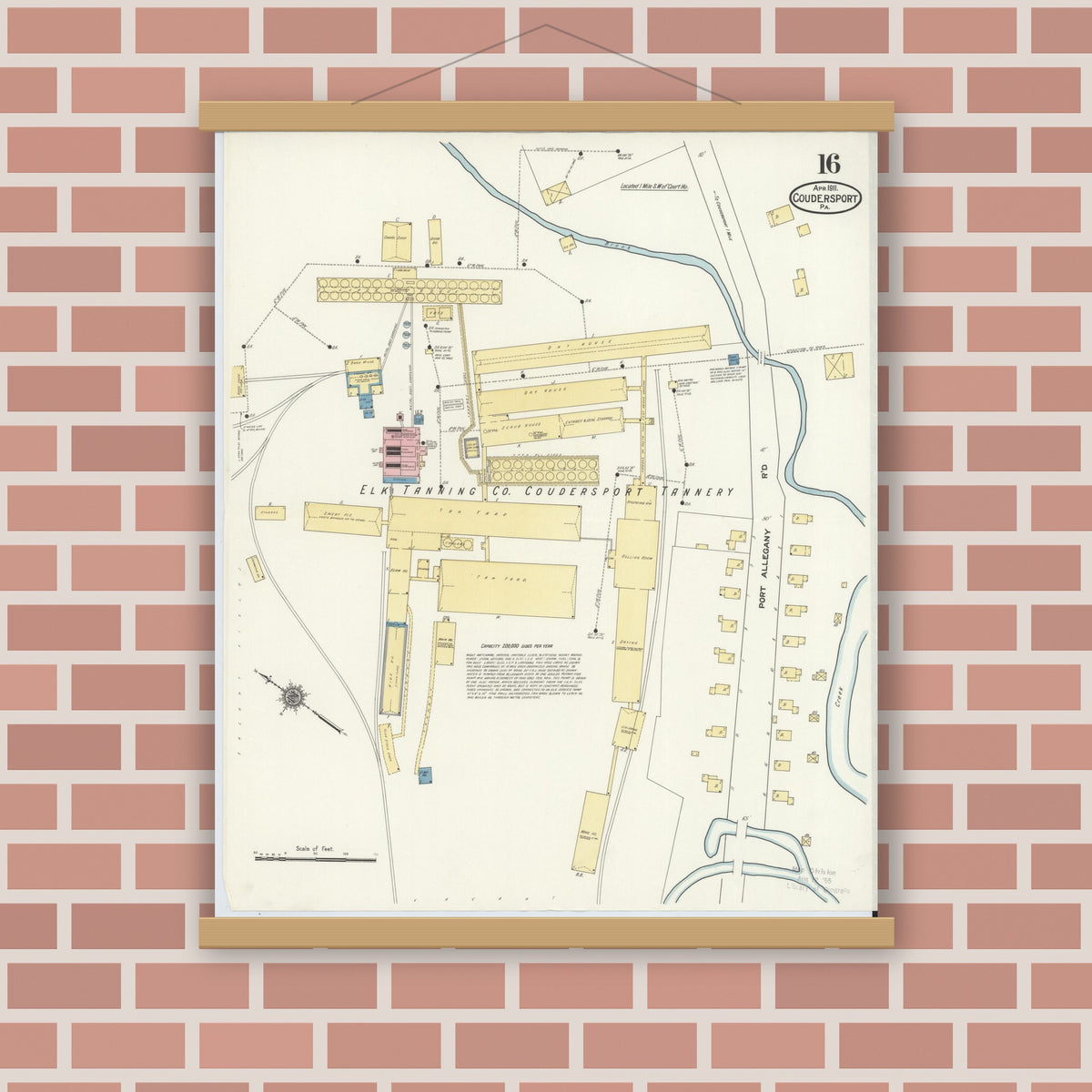Old map wall art mockup — magnetic wood frame on brick wall — Sanborn Fire Insurance Map from Coudersport, Potter County, Pennsylvania (1911), Sheet #0016
