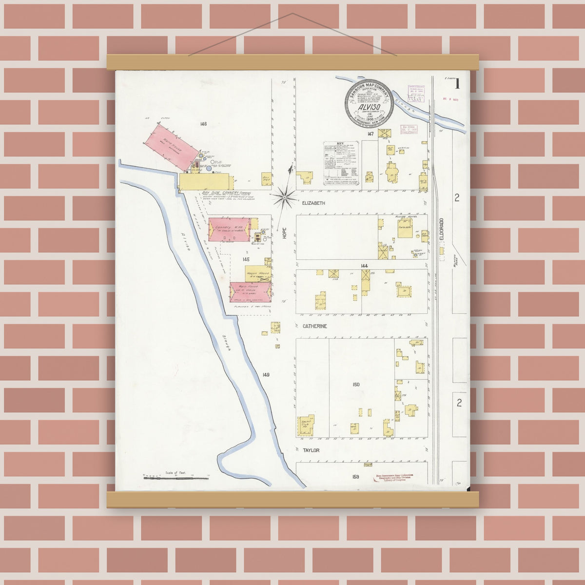 Old map wall art mockup — magnetic wood frame on brick wall — Sanborn Fire Insurance Map from Alviso, Santa Clara County, California (1908), Sheet #0001