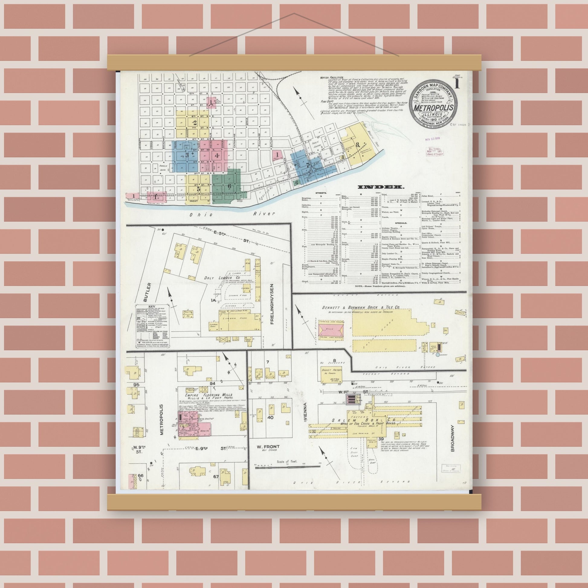 Old map wall art mockup — magnetic wood frame on brick wall — Sanborn Fire Insurance Map from Metropolis, Massac County, Illinois (1910), Sheet #0001