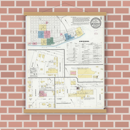 Old map wall art mockup — magnetic wood frame on brick wall — Sanborn Fire Insurance Map from Metropolis, Massac County, Illinois (1910), Sheet #0001