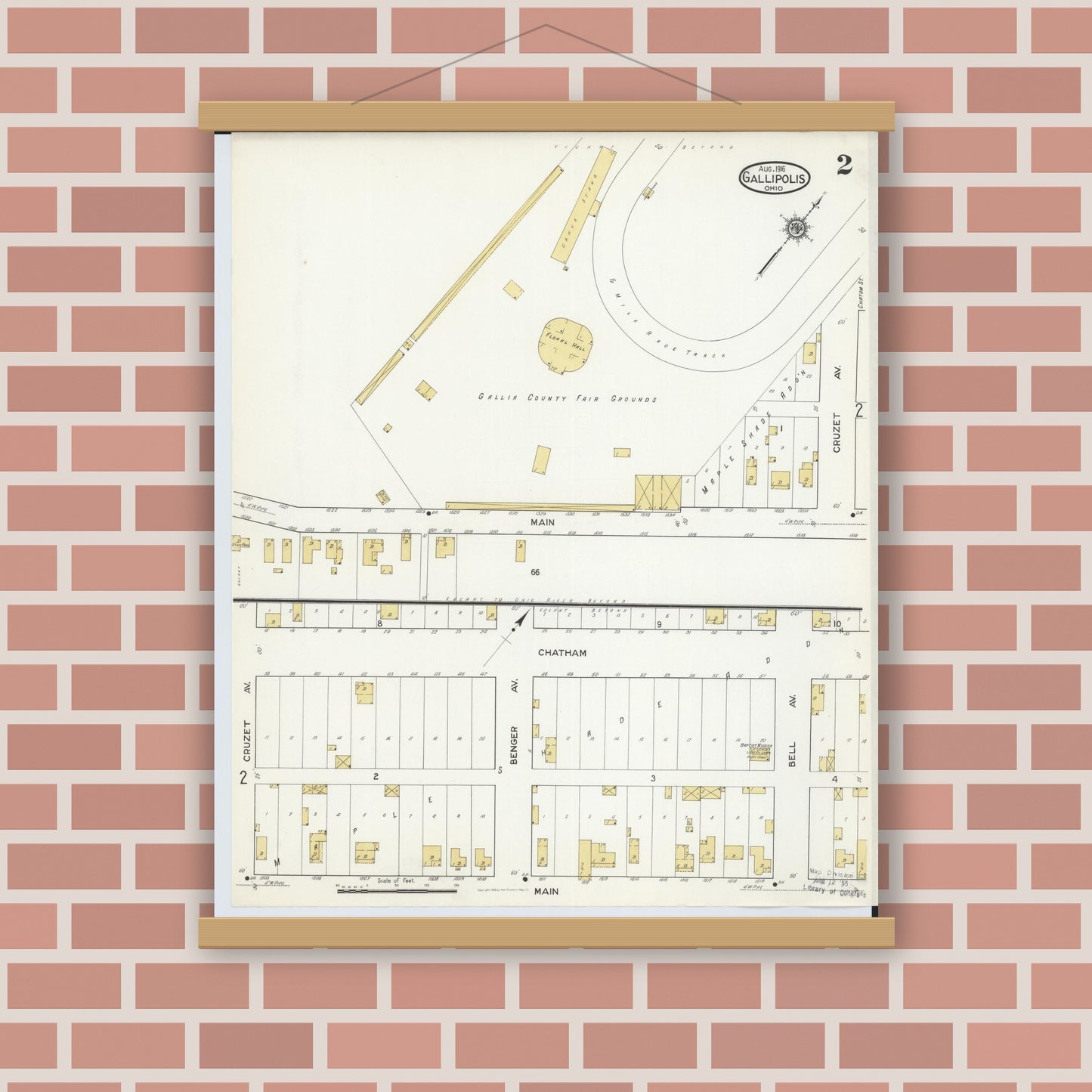 Old map wall art mockup — magnetic wood frame on brick wall — Sanborn Fire Insurance Map from Gallipolis, Gallia County, Ohio (1916), Sheet #0002