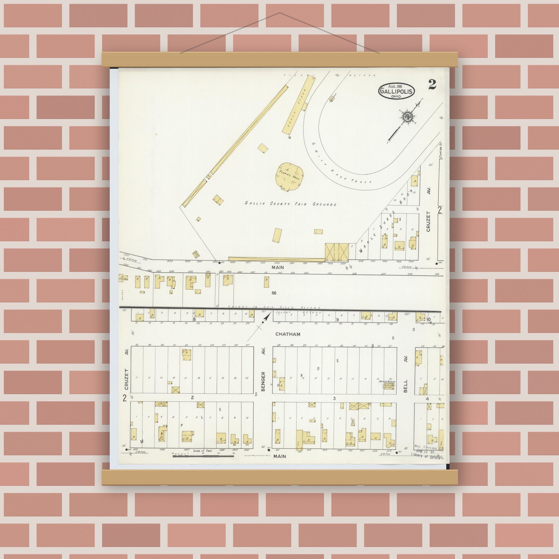 Old map wall art mockup — magnetic wood frame on brick wall — Sanborn Fire Insurance Map from Gallipolis, Gallia County, Ohio (1916), Sheet #0002