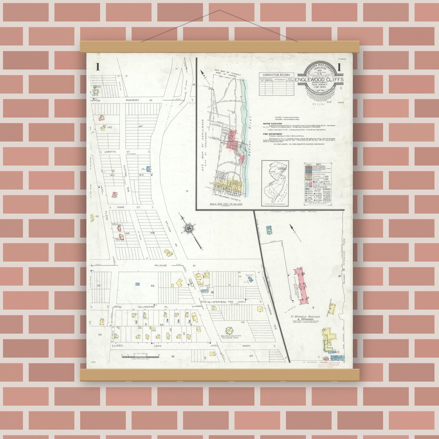 Old map wall art mockup — magnetic wood frame on brick wall — Sanborn Fire Insurance Map from Englewood Cliffs, Bergen County, New Jersey (1943) - Complete Map Set
