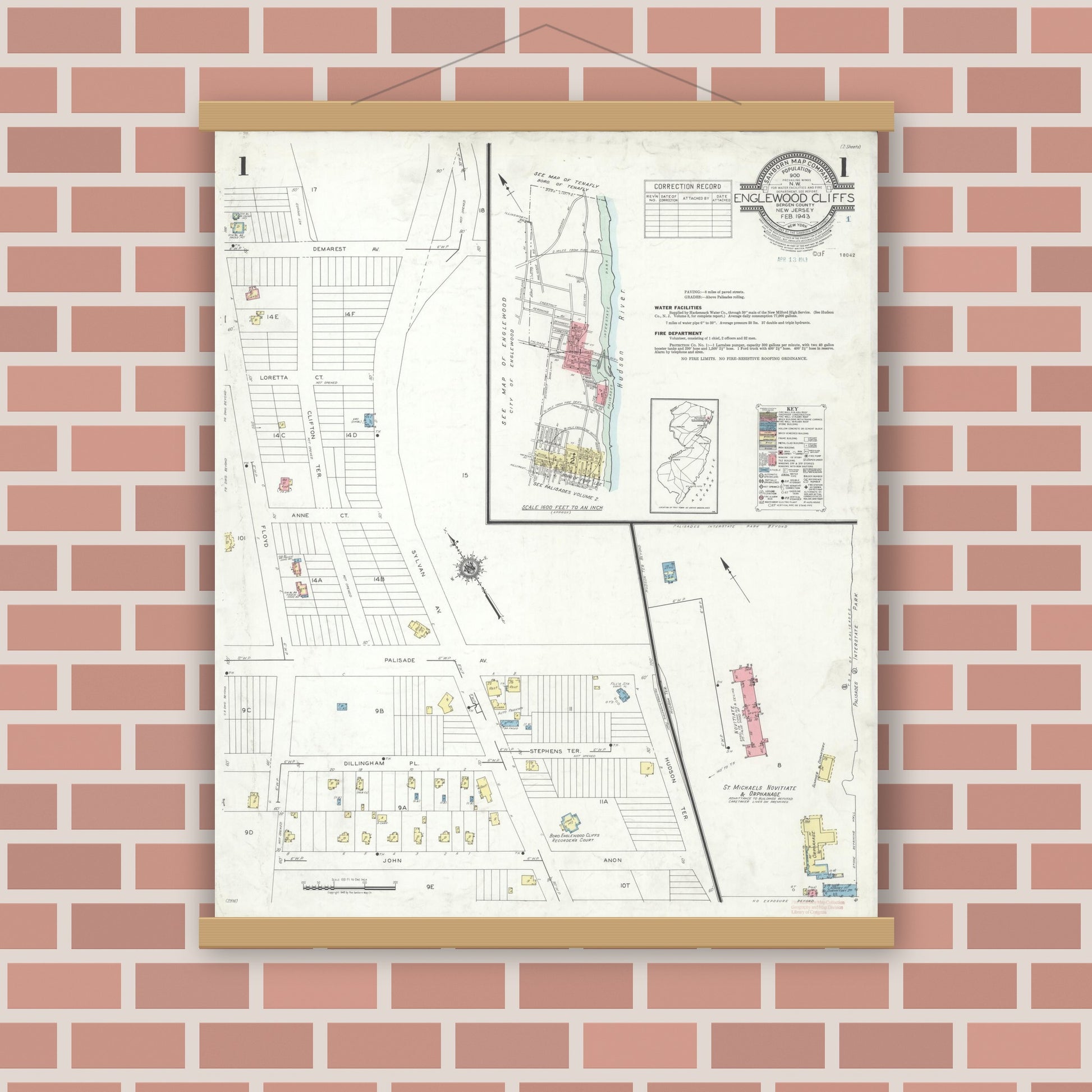 Old map wall art mockup — magnetic wood frame on brick wall — Sanborn Fire Insurance Map from Englewood Cliffs, Bergen County, New Jersey (1943) - Complete Map Set