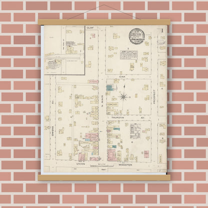 Old map wall art mockup — magnetic wood frame on brick wall — Sanborn Fire Insurance Map from Bowling Green, Wood County, Ohio (1884), Sheet #0001