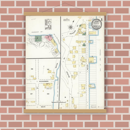 Old map wall art mockup — magnetic wood frame on brick wall — Sanborn Fire Insurance Map from Sausalito, Marin County, California (1894) - Complete Map Set