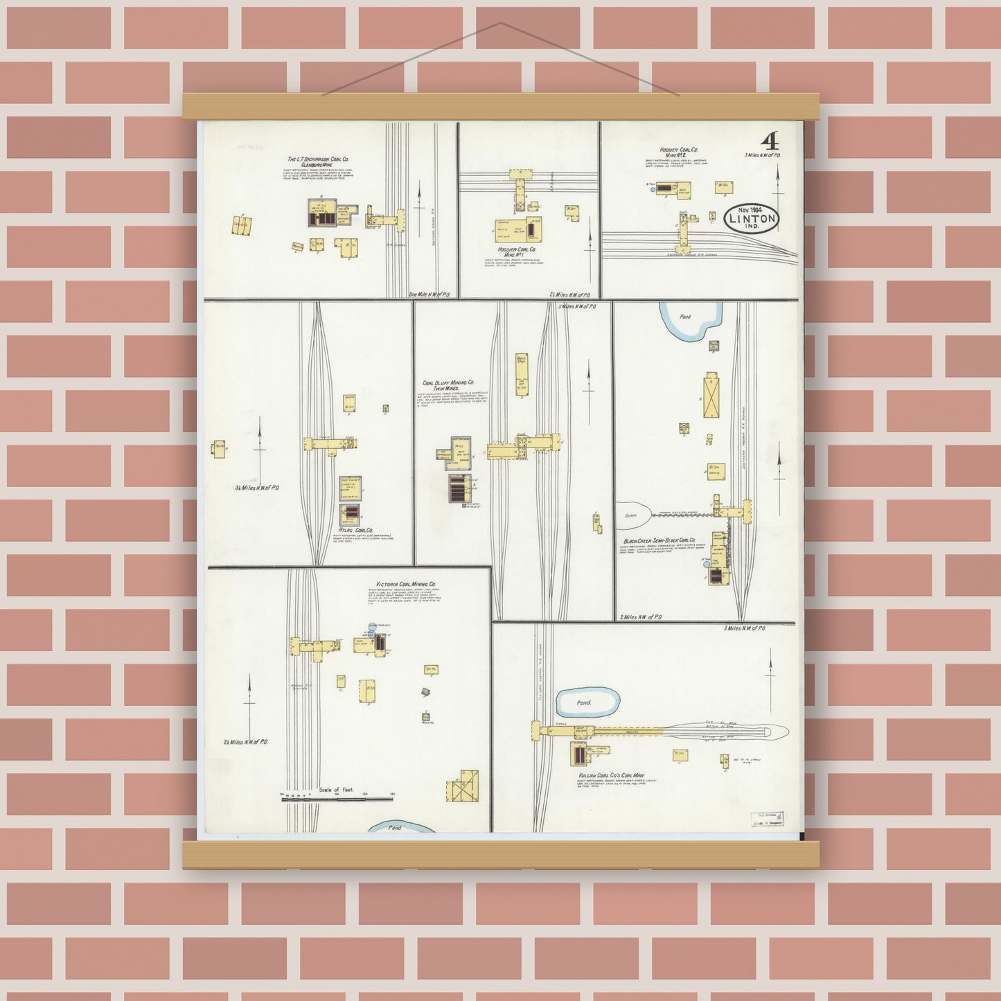 Old map wall art mockup — magnetic wood frame on brick wall — Sanborn Fire Insurance Map from Linton, Greene County, Indiana (1904), Sheet #0004
