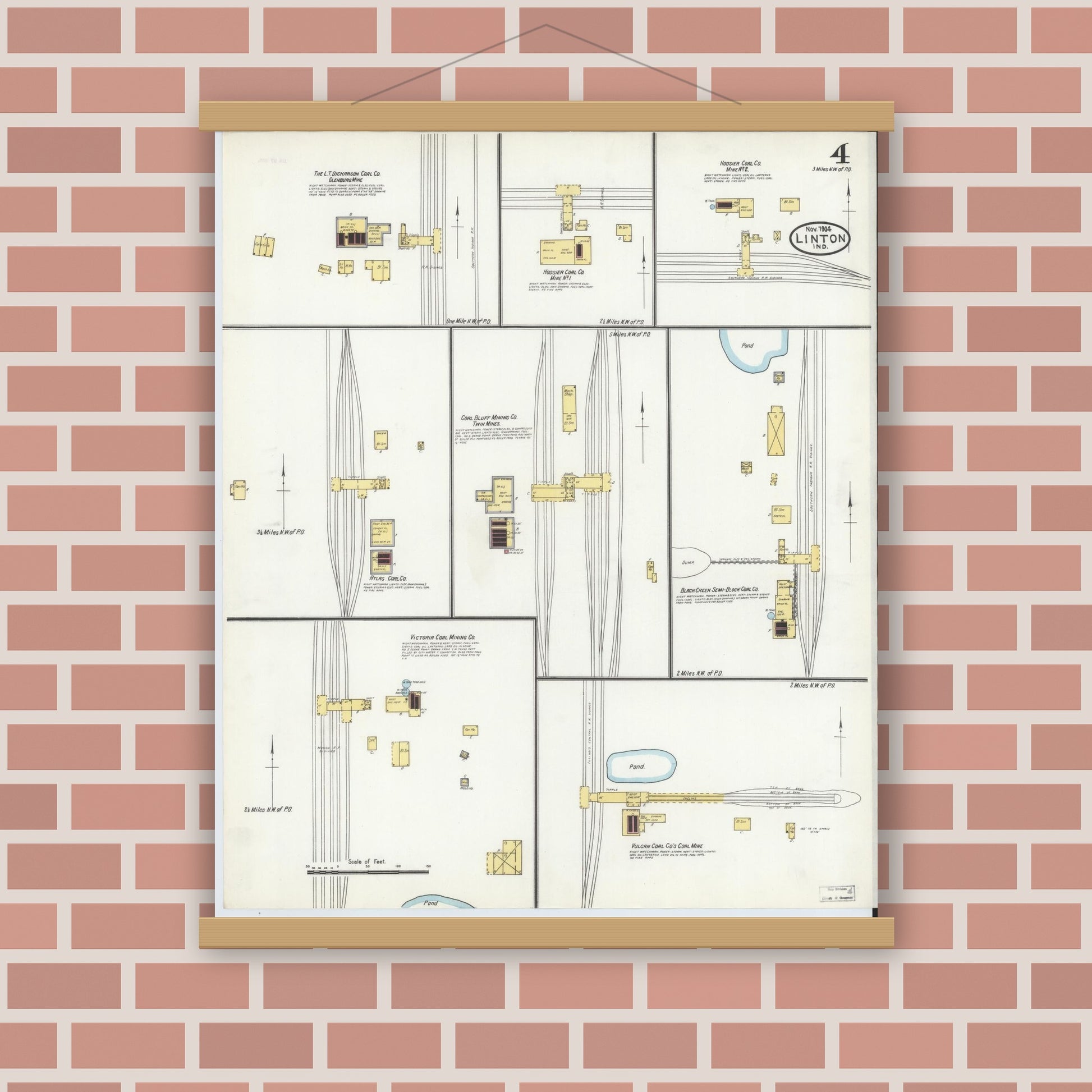 Old map wall art mockup — magnetic wood frame on brick wall — Sanborn Fire Insurance Map from Linton, Greene County, Indiana (1904), Sheet #0004