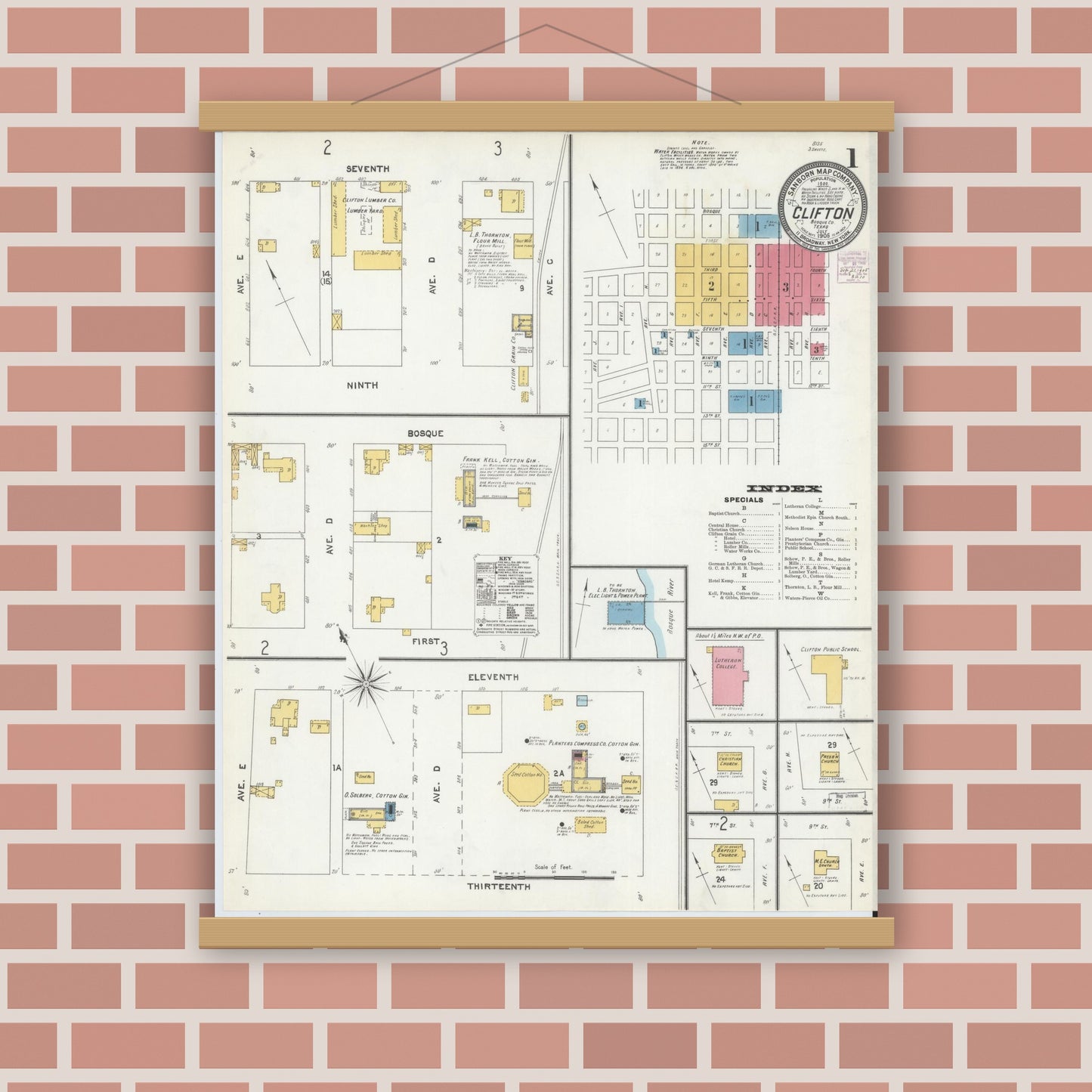 Old map wall art mockup — magnetic wood frame on brick wall — Sanborn Fire Insurance Map from Clifton, Bosque County, Texas (1905), Sheet #0001