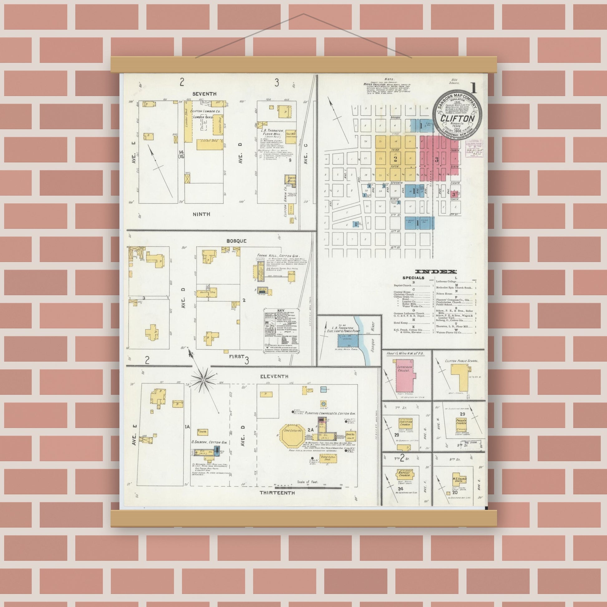 Old map wall art mockup — magnetic wood frame on brick wall — Sanborn Fire Insurance Map from Clifton, Bosque County, Texas (1905), Sheet #0001