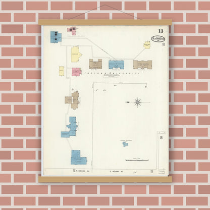 Old map wall art mockup — magnetic wood frame on brick wall — Sanborn Fire Insurance Map from Bloomington, Monroe County, Indiana (1907), Sheet #0013