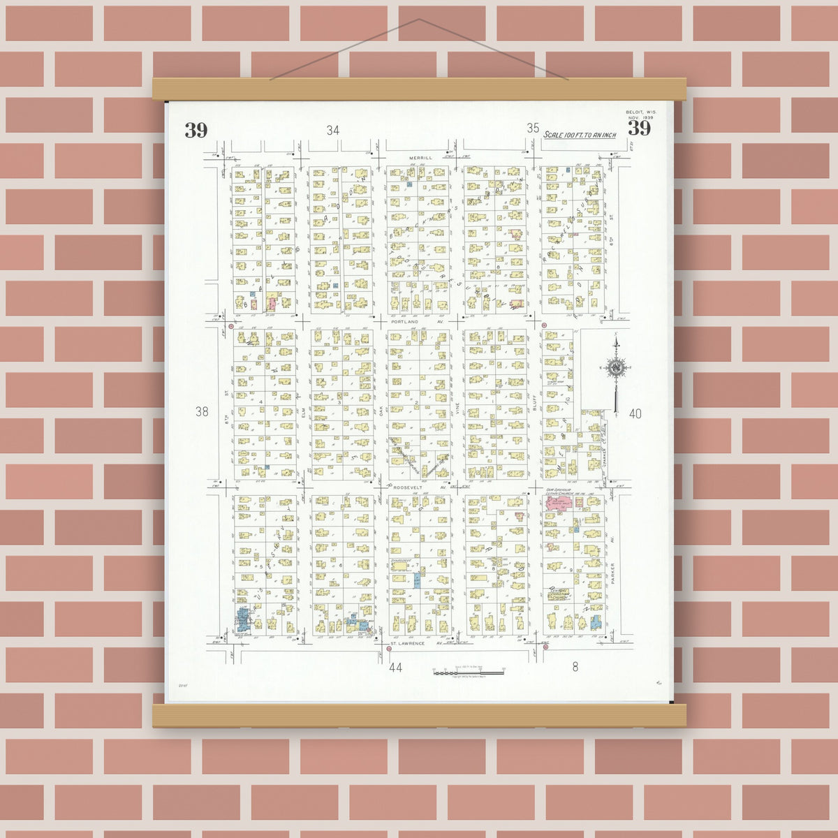 Old map wall art mockup — magnetic wood frame on brick wall — Sanborn Fire Insurance Map from Beloit, Rock County, Wisconsin (1939), Sheet #0039