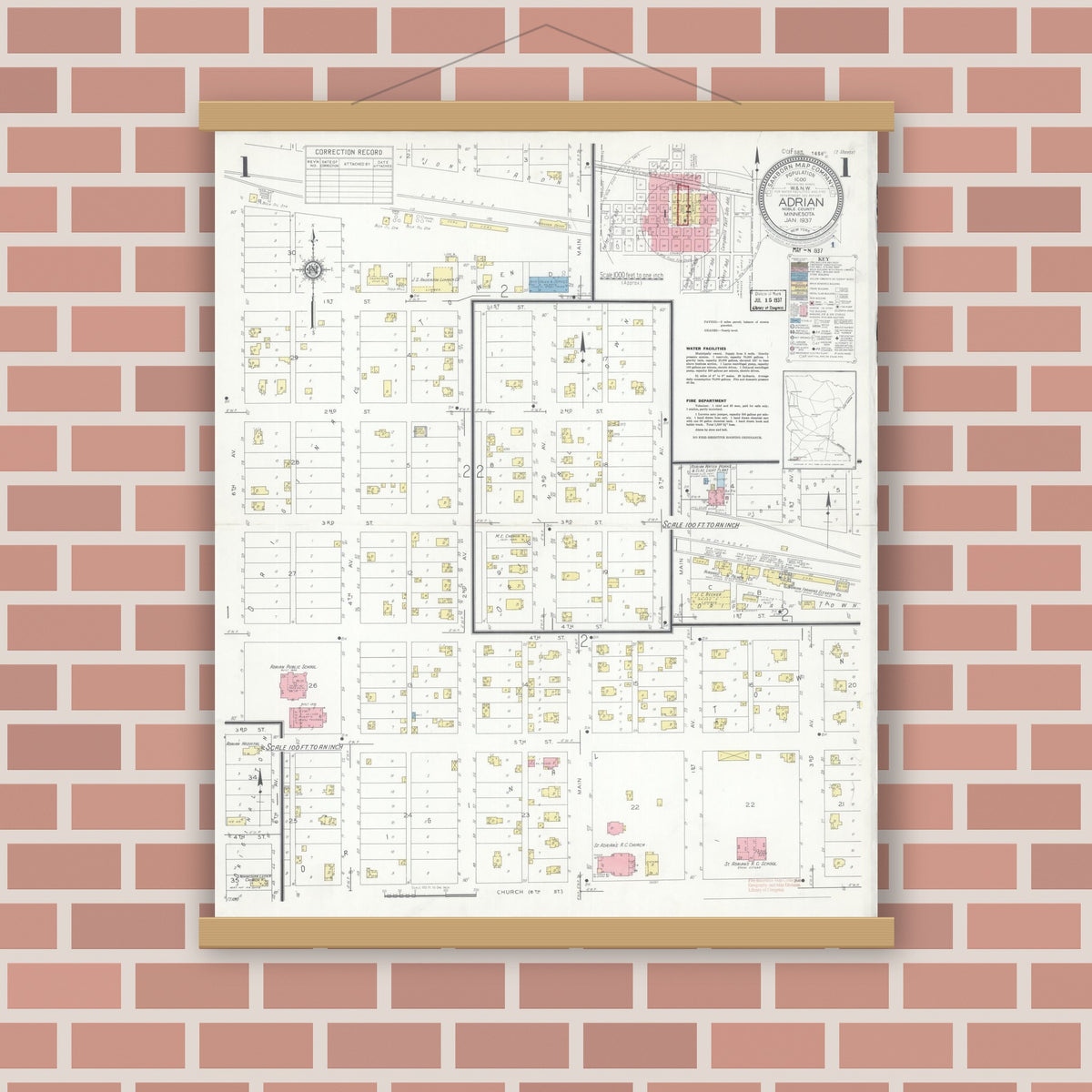Old map wall art mockup — magnetic wood frame on brick wall — Sanborn Fire Insurance Map from Adrian, Nobles County, Minnesota (1937), Sheet #0001