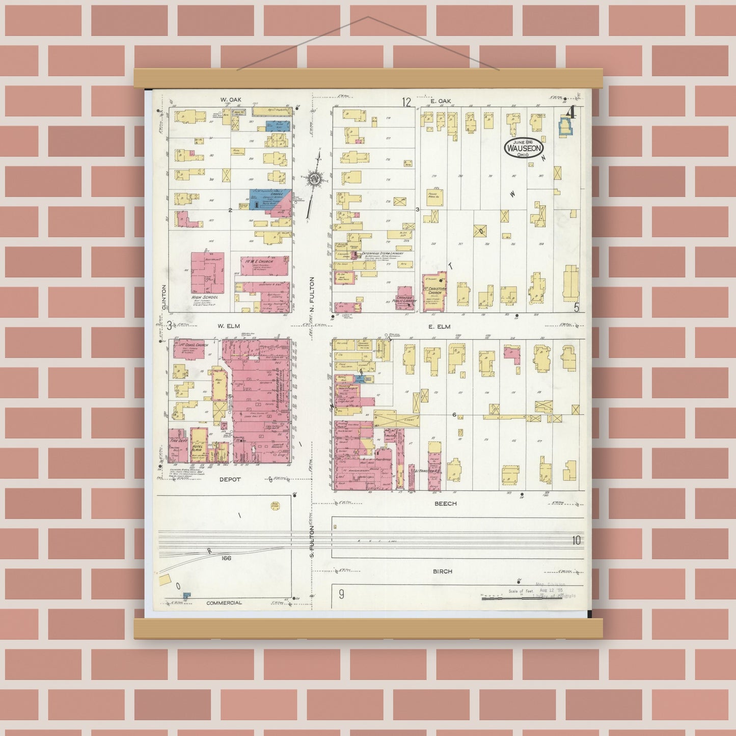 Old map wall art mockup — magnetic wood frame on brick wall — Sanborn Fire Insurance Map from Wauseon, Fulton County, Ohio (1916), Sheet #0004