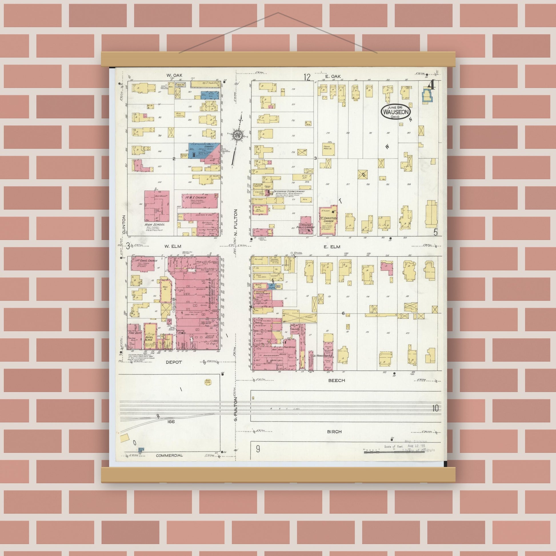 Old map wall art mockup — magnetic wood frame on brick wall — Sanborn Fire Insurance Map from Wauseon, Fulton County, Ohio (1916), Sheet #0004