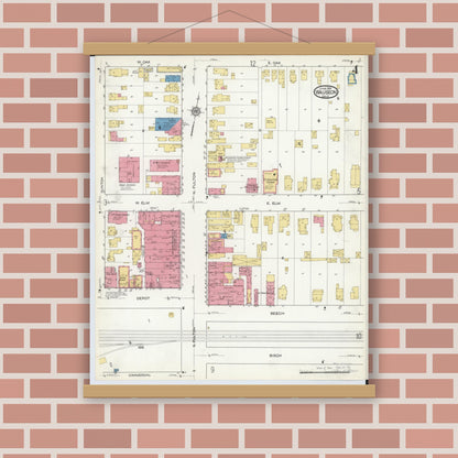 Old map wall art mockup — magnetic wood frame on brick wall — Sanborn Fire Insurance Map from Wauseon, Fulton County, Ohio (1916), Sheet #0004