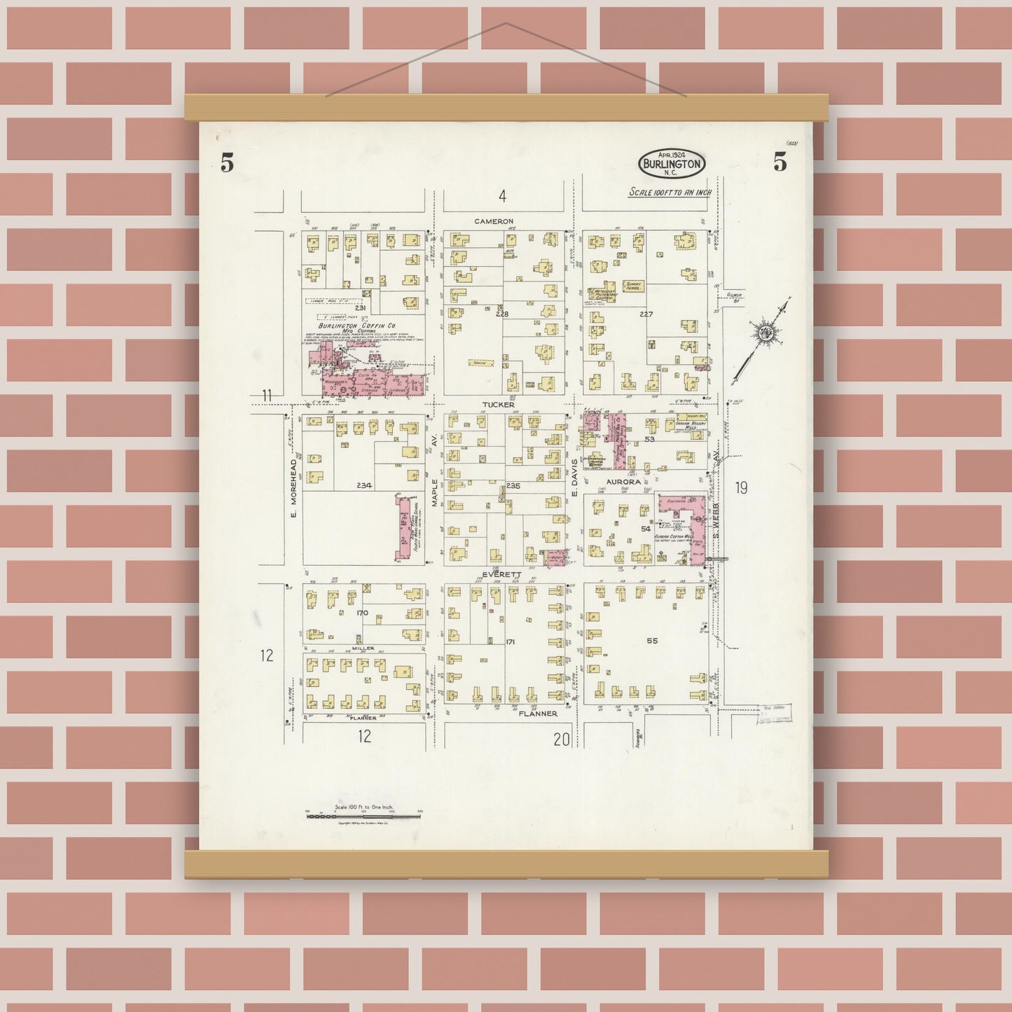 Old map wall art mockup — magnetic wood frame on brick wall — Sanborn Fire Insurance Map from Burlington, Alamance County, North Carolina (1924), Sheet #0005