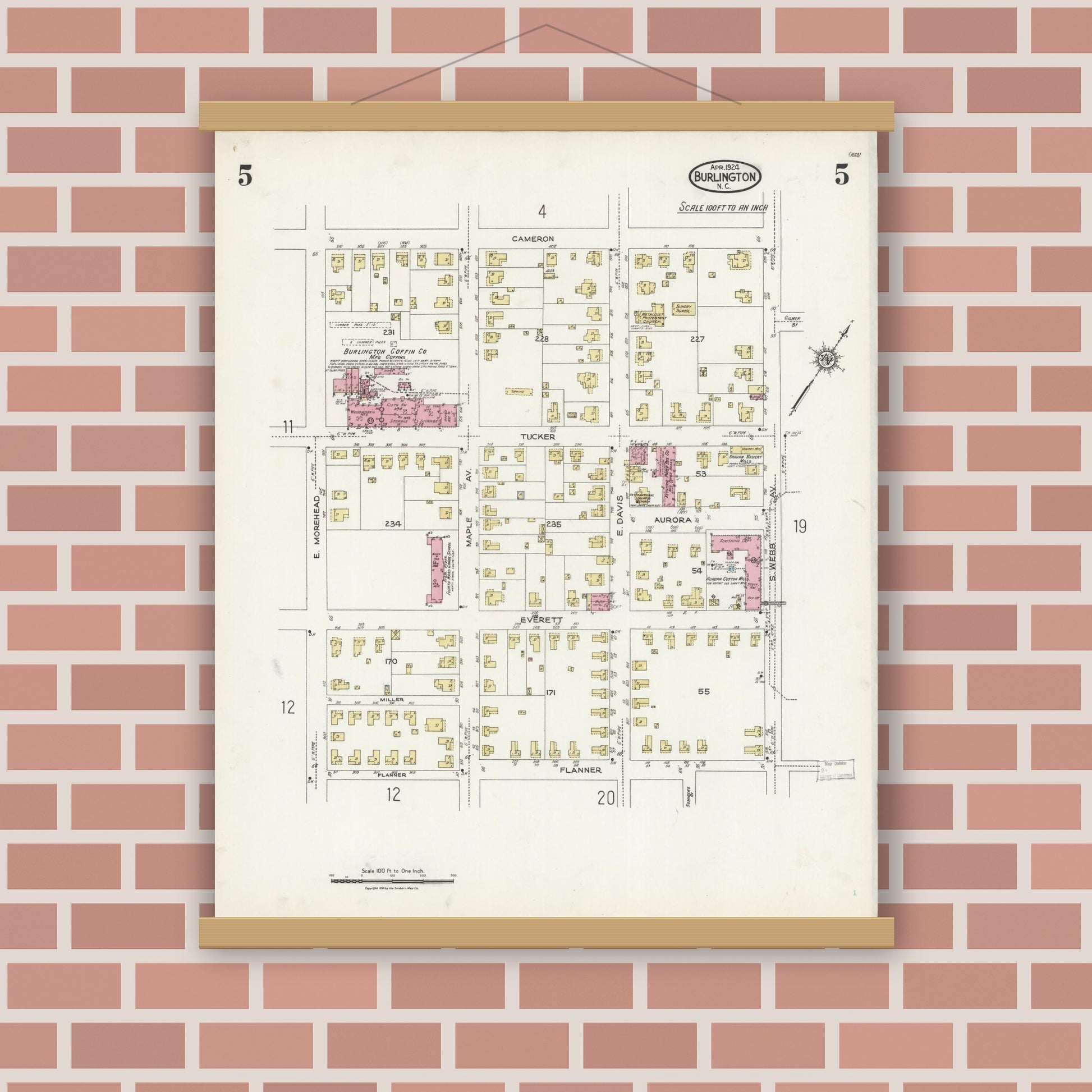 Old map wall art mockup — magnetic wood frame on brick wall — Sanborn Fire Insurance Map from Burlington, Alamance County, North Carolina (1924), Sheet #0005