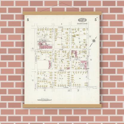 Old map wall art mockup — magnetic wood frame on brick wall — Sanborn Fire Insurance Map from Burlington, Alamance County, North Carolina (1924), Sheet #0005