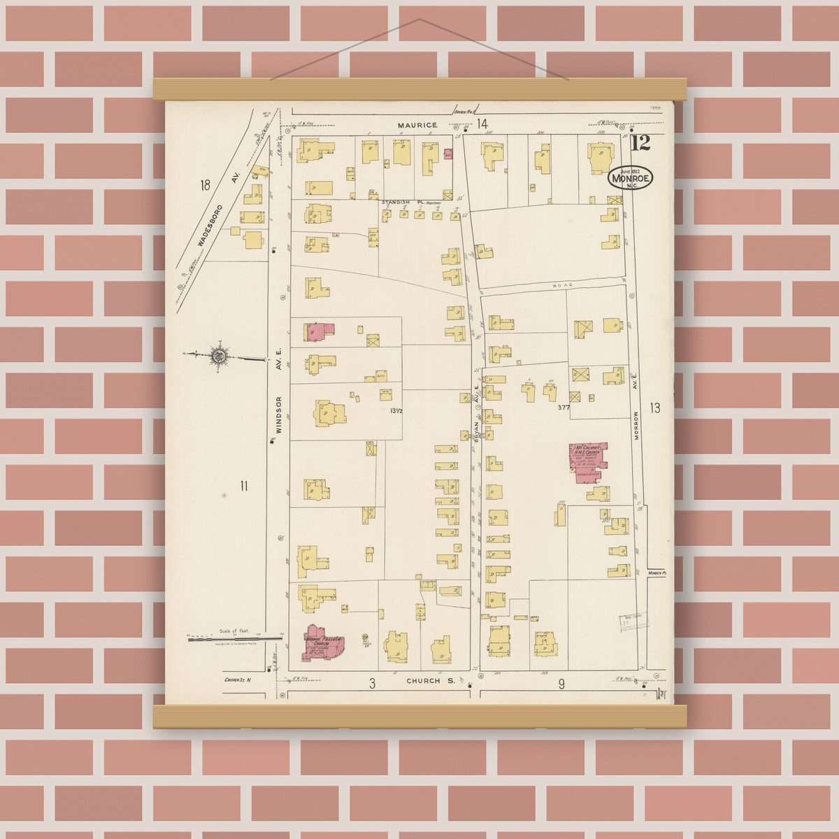 Old map wall art mockup — magnetic wood frame on brick wall — Sanborn Fire Insurance Map from Monroe, Union County, North Carolina (1922), Sheet #0012