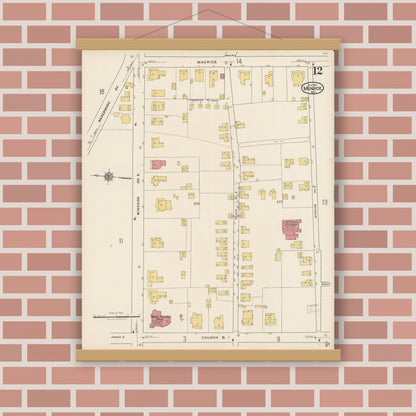 Old map wall art mockup — magnetic wood frame on brick wall — Sanborn Fire Insurance Map from Monroe, Union County, North Carolina (1922), Sheet #0012