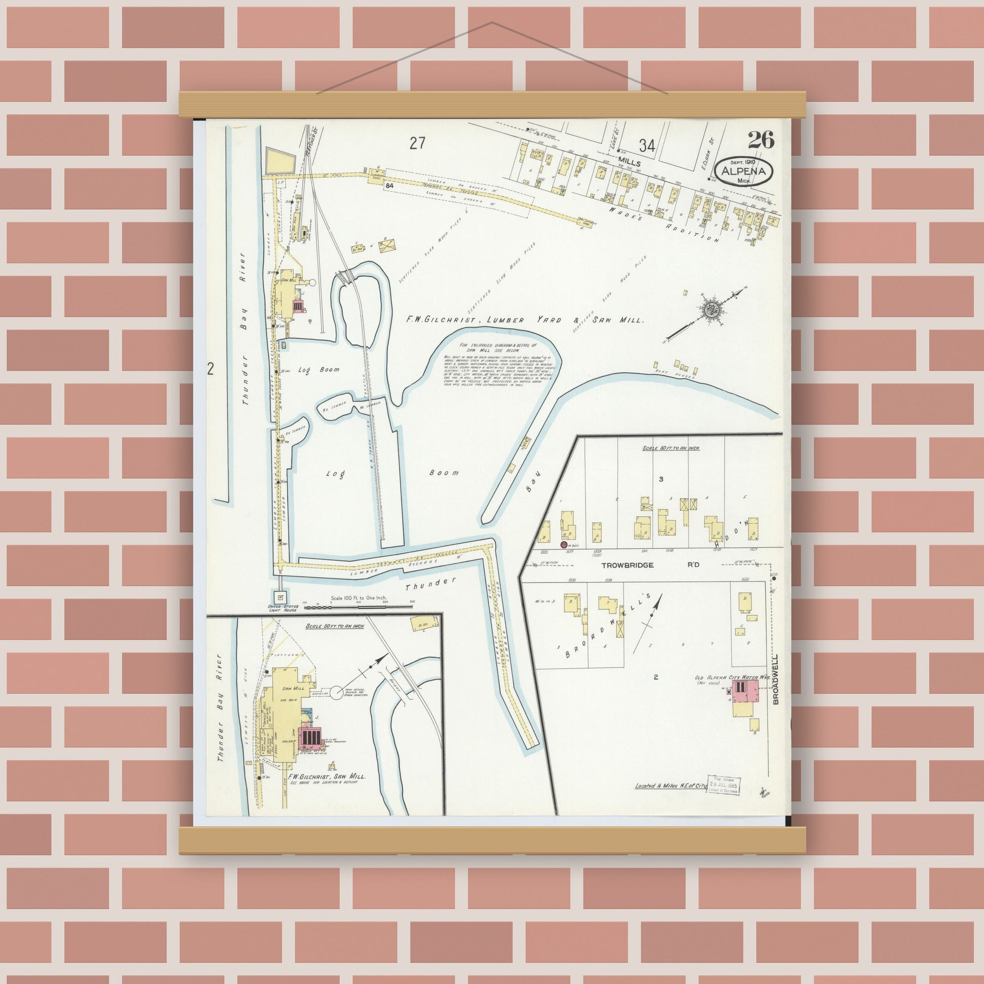 Old map wall art mockup — magnetic wood frame on brick wall — Sanborn Fire Insurance Map from Alpena, Alpena County, Michigan (1910), Sheet #0026