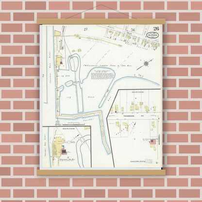 Old map wall art mockup — magnetic wood frame on brick wall — Sanborn Fire Insurance Map from Alpena, Alpena County, Michigan (1910), Sheet #0026